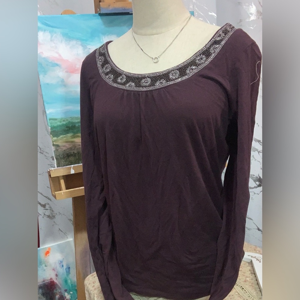 Ann Taylor Long-Sleeve Beaded Scoop Neck Top - Plum